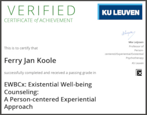 Certificaat Existential Well-being Counseling behaald door Ferry Koole.