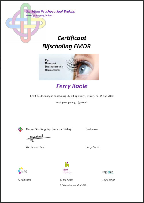 Certificaat EMDR bijscholing behaald door Ferry Koole van De Mentaal Consulent.